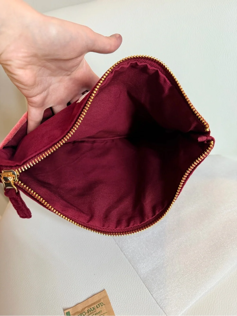 NWT Sézane Burgundy Cotton Velvet Zip Flat Pouch Makeup Bag with Pink Trim